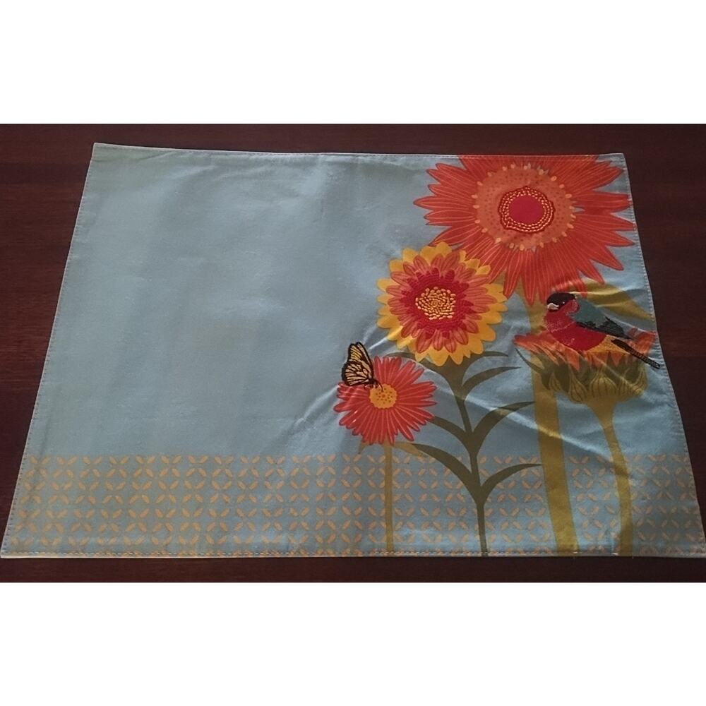 Lot of 6 Vintage Bird Flower Butterfly Embroidered Placemats Turquoise Orange